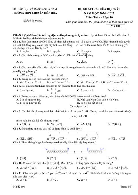 Đề thi Giữa kì 1 Toán 10 năm 2024-2025 trường THPT Chuyên Biên Hòa (Hà Nam)